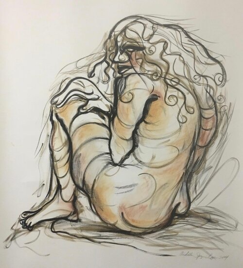 Striking Woman by Michelle Spiziri - A nude woman made of wisps and curls sits with her body turned away from the viewer.